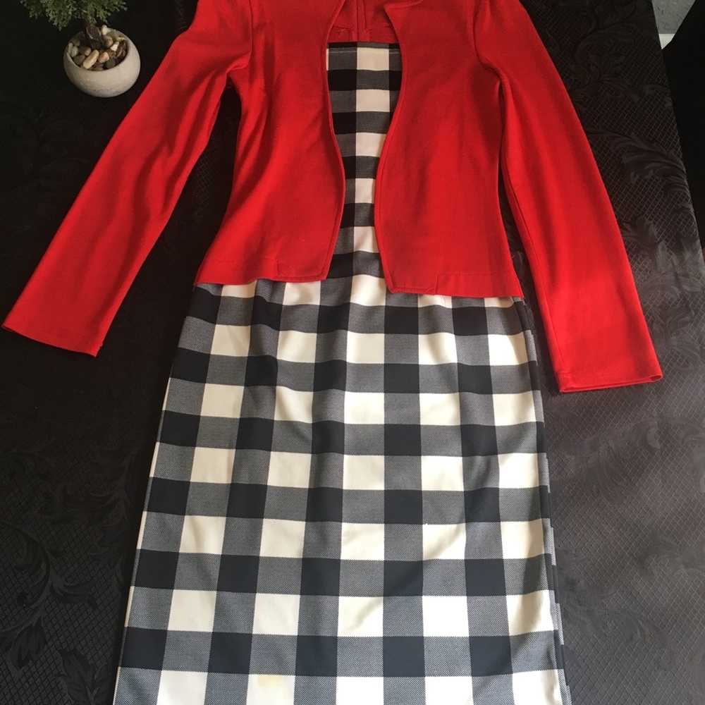 Red and black dress.